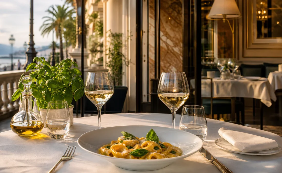 Elegant Italian restaurant table setting in a refined central Nice atmosphere with Mediterranean evening light.