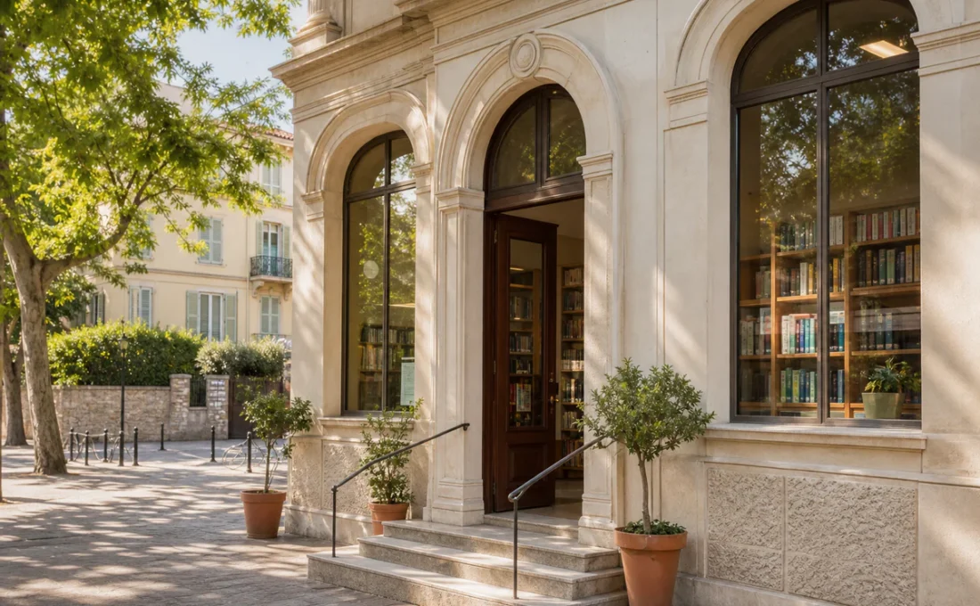 A calm Mediterranean neighborhood library scene in Cimiez, Nice, with books visible inside and leafy surroundings.