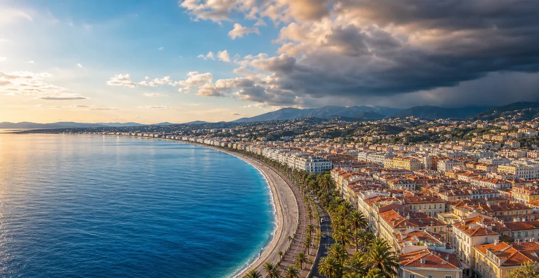 Panoramic view of Nice with the Mediterranean Sea, sunlit coastline, hills and distant mountains, with clouds suggesting autu