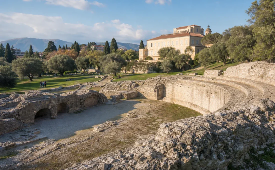 Roman arena ruins and olive trees in the Jardin des Arènes de Cimiez in Nice.