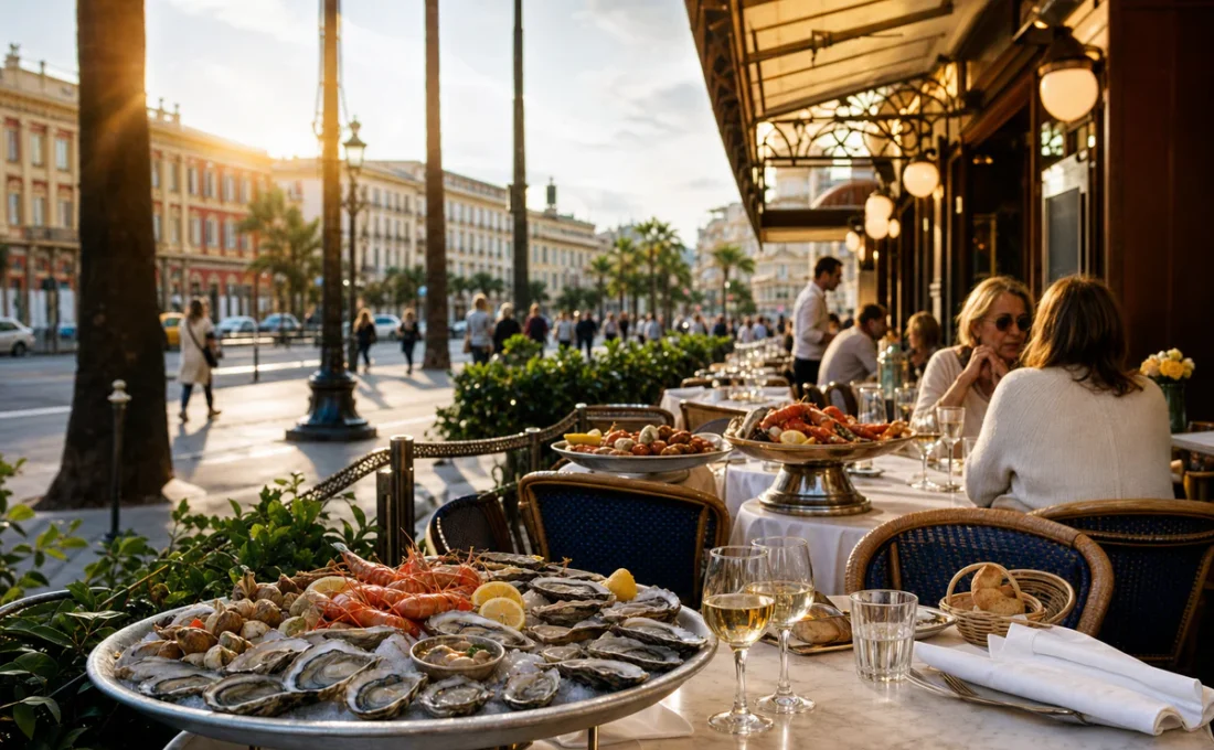 Terrace of a seafood brasserie in Nice with fresh shellfish and bistro tables on a sunny city avenue.