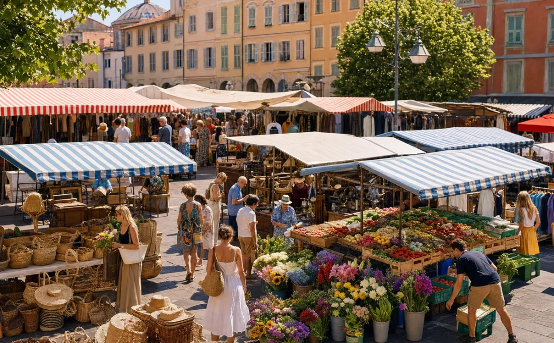 Morning market scene in Nice with produce, flowers, clothing stalls, and Mediterranean old-town architecture.