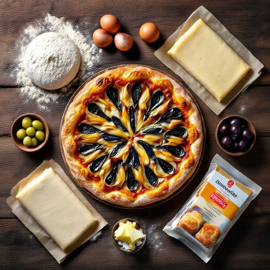 Top-down view of a traditional Niçoise pissaladière on a rustic table, surrounded by different types of raw dough: bread doug