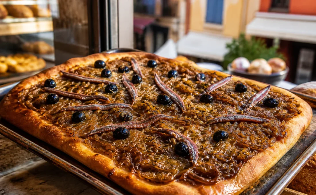 Fresh Niçoise pissaladière with onions, anchovies and olives on a bakery counter in a warm Nice street setting.