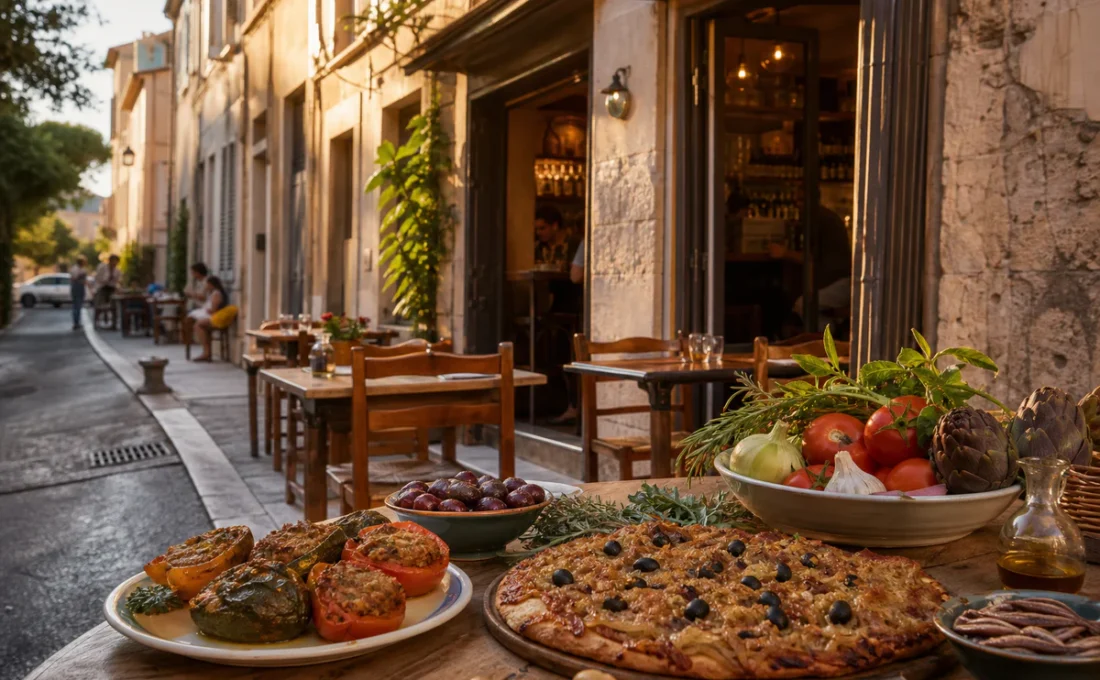 Warm exterior view of a traditional neighborhood bistro in Nice with Niçoise dishes on a table.
