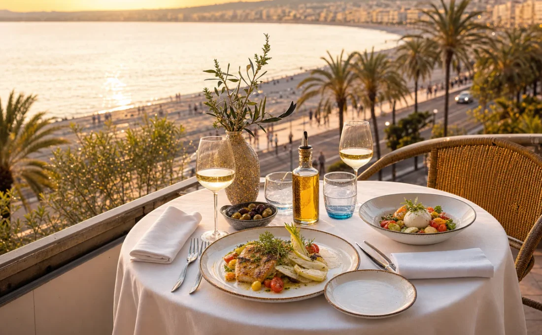Elegant Mediterranean restaurant table on a seaside terrace along the Promenade des Anglais in Nice at golden hour.
