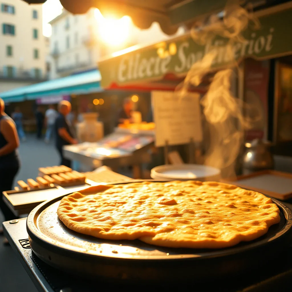 Traditional socca cooking on a copper griddle at a market stand in Nice, France, with golden hour light and vibrant market at