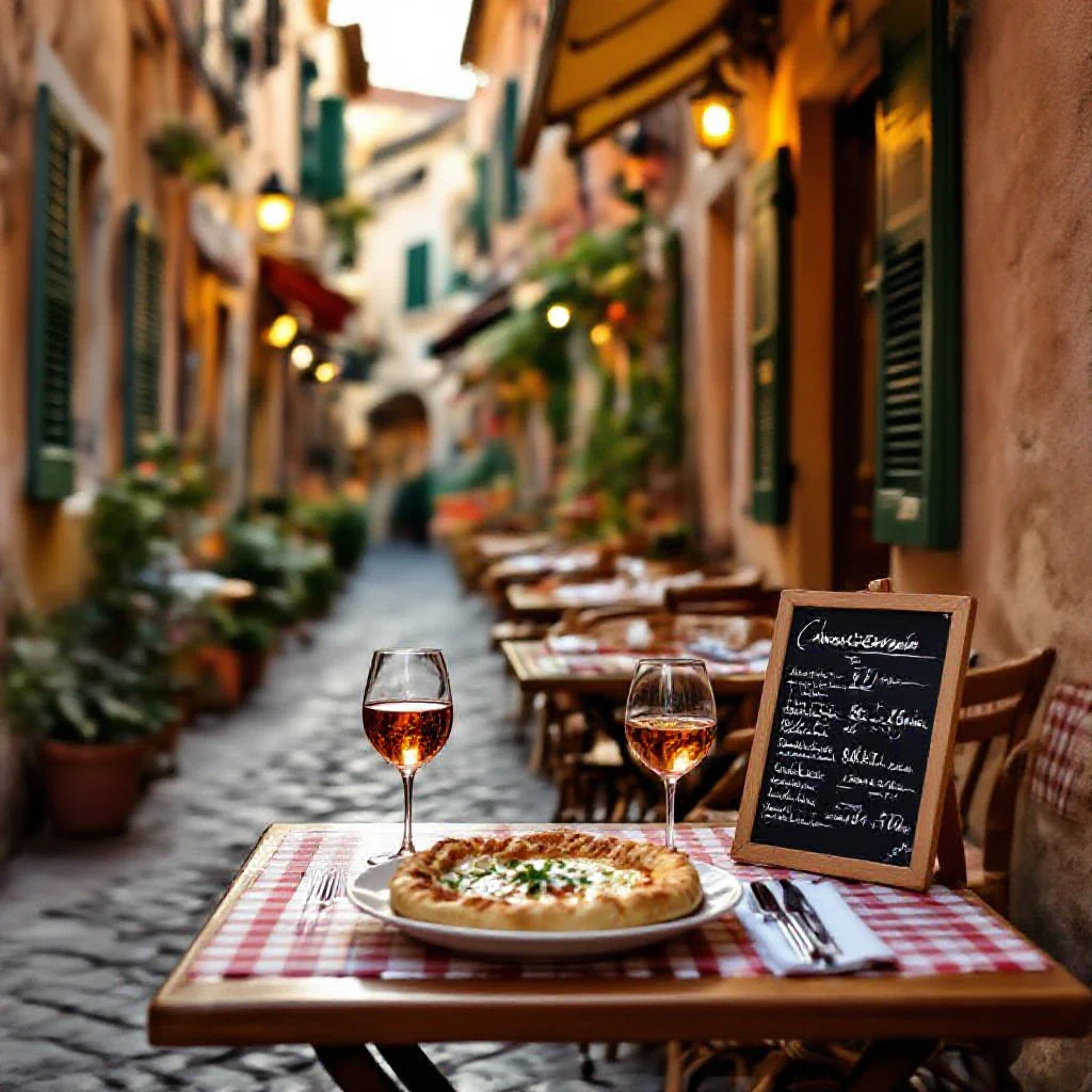A charming and affordable traditional restaurant terrace in a narrow alley of Vieux-Nice, featuring a plate of authentic Niço