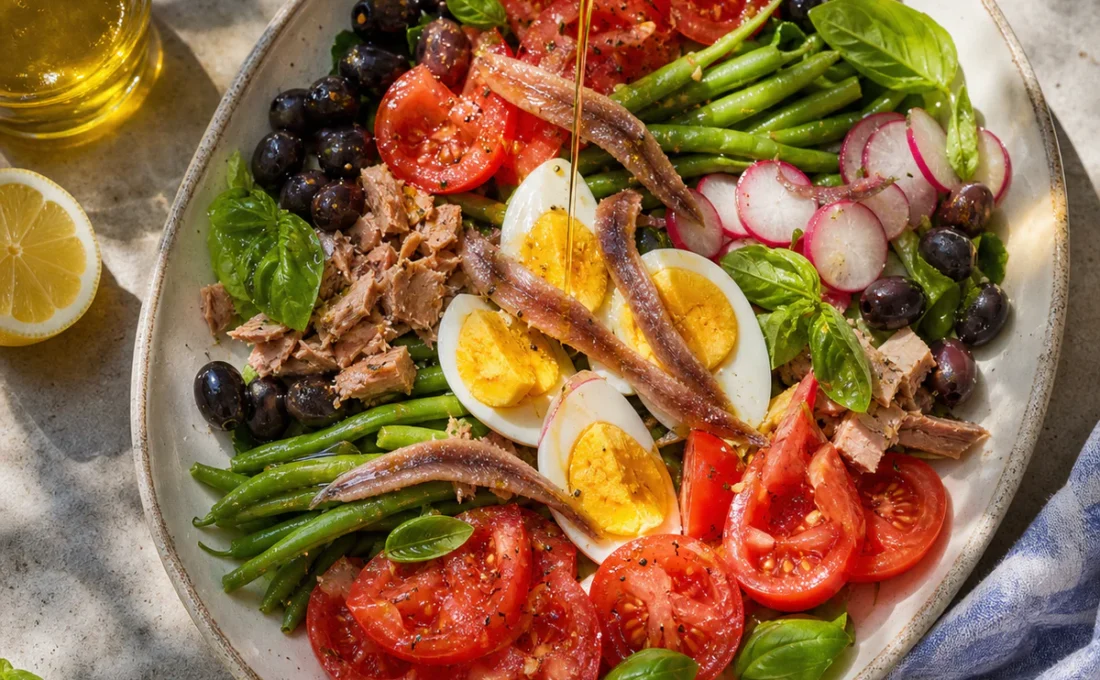Salade niçoise fraîche avec tomates, olives, anchois et un filet d’huile d’olive servi juste avant dégustation.