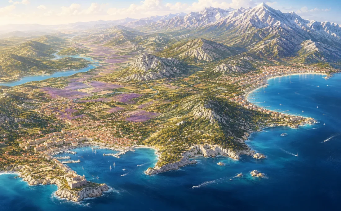 Illustration symbolique de la région Provence-Alpes-Côte d'Azur entre Méditerranée, littoral azuréen, Marseille et reliefs al