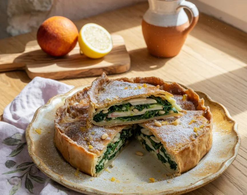 A sliced gâteau niçois on a rustic plate with apples, chard, orange zest, and pine nuts on a sunlit Mediterranean kitchen tab