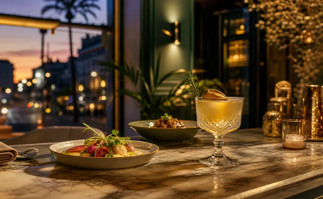 Elegant restaurant-bar interior in Nice with cocktails, modern cuisine and warm evening atmosphere.
