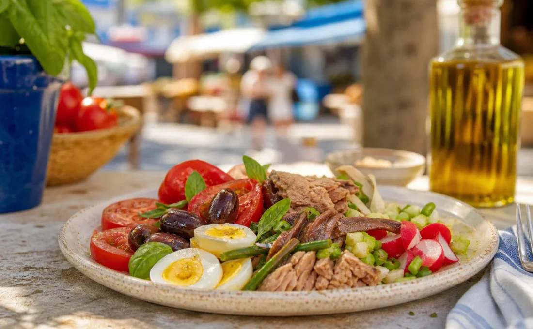 Authentic salade niçoise with tomatoes, olives, anchovies, tuna, egg, raw vegetables and olive oil on a sunlit Mediterranean