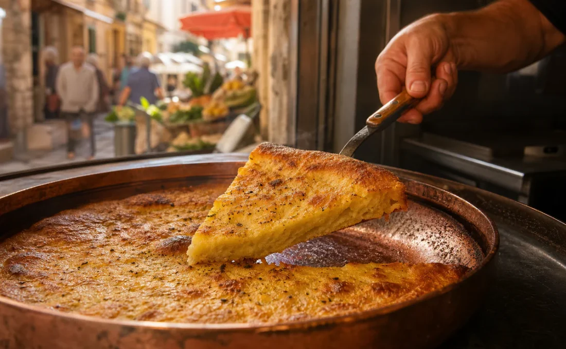 Fresh hot socca served from a pan in a warm Vieux-Nice street-food setting.