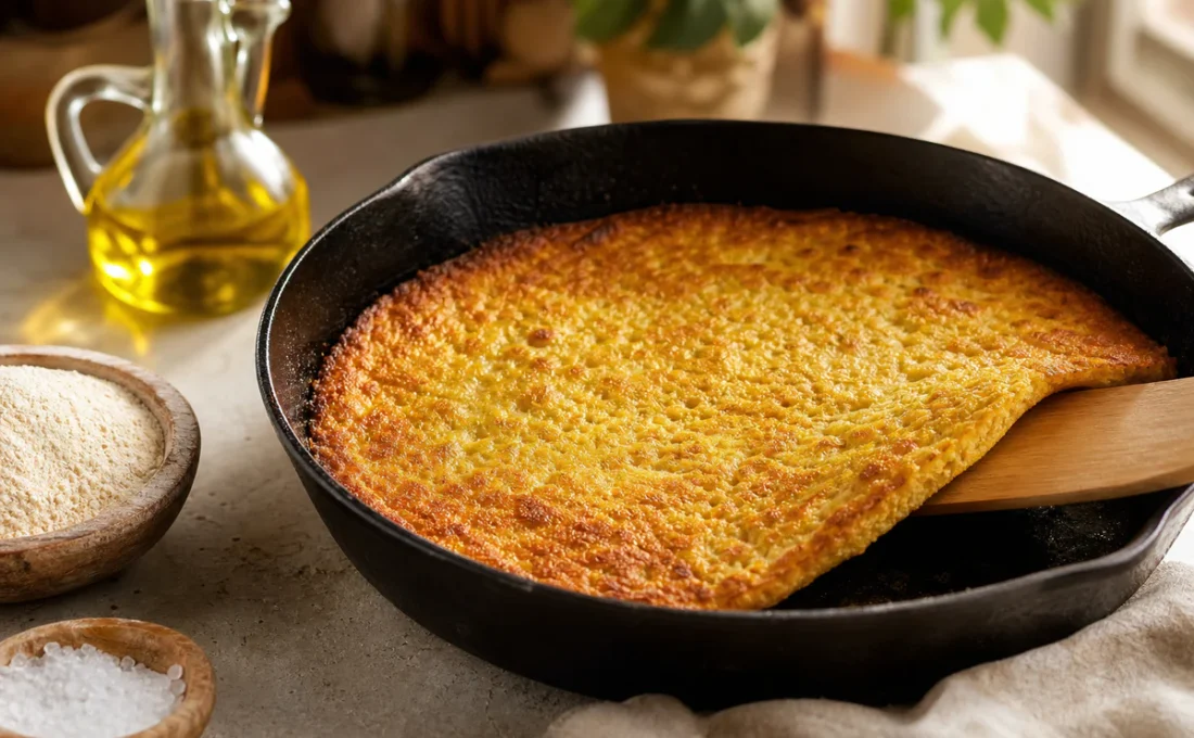 Socca niçoise dorée cuite à la poêle, avec des bords croustillants et une texture souple au centre.