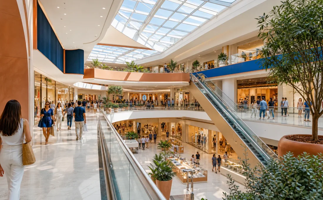 Bright modern shopping center atrium in Nice with fashion and lifestyle storefronts, escalators, and shoppers browsing across