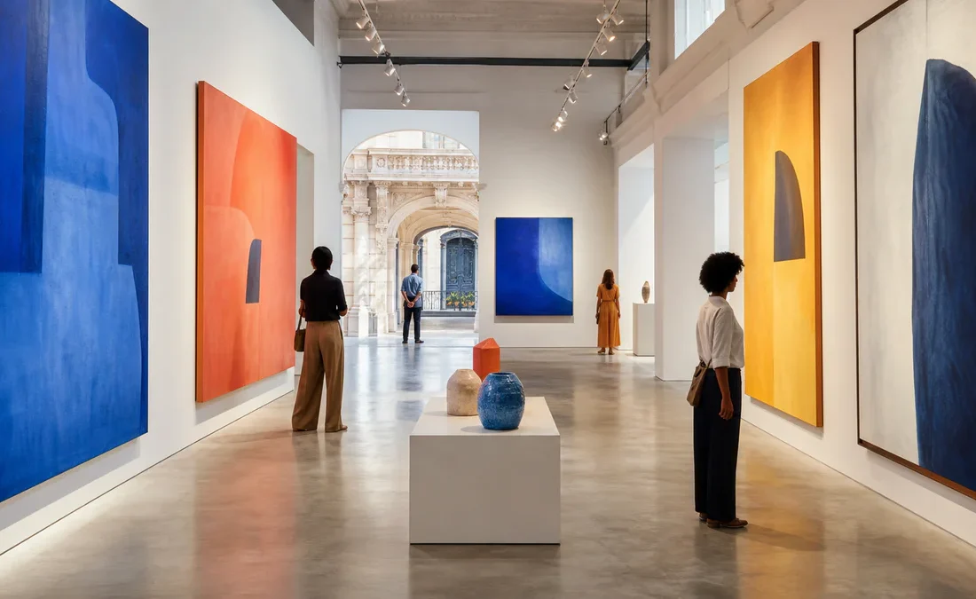 Bright contemporary art gallery in Nice with abstract artworks, Mediterranean colors, and visitors exploring the Espace Ferre
