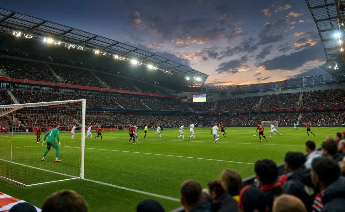 OGC Nice players competing in a Ligue 1 match at Allianz Riviera under evening stadium lights