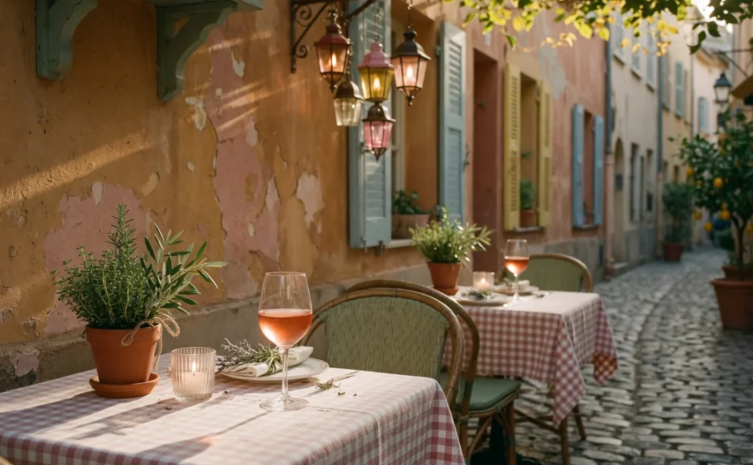 Charming outdoor terrace of a Provençal bistro in Old Nice at golden hour, with elegantly set tables featuring white linens,