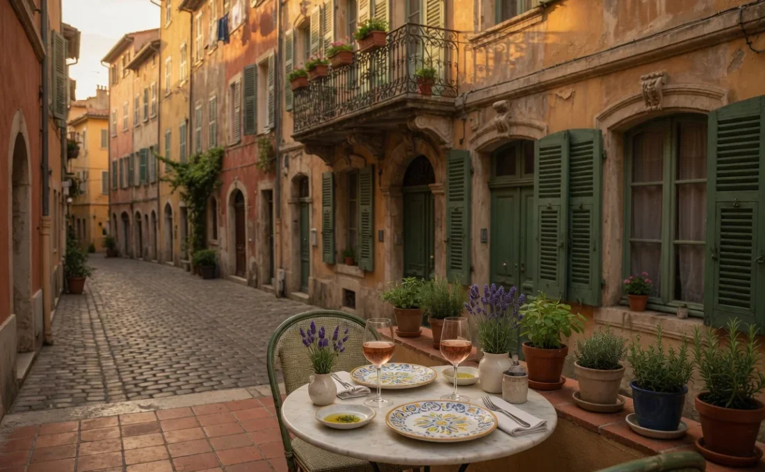 Charming intimate bistro terrace in a narrow cobblestone street of Old Nice, France, with elegant table settings, Mediterrane