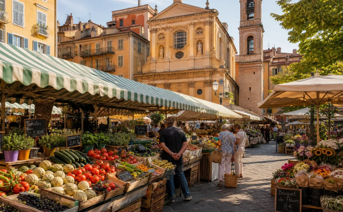 Traditional outdoor market at Place Saint-Roch in Nice, France, with fruit and vegetable stalls under striped awnings and a b