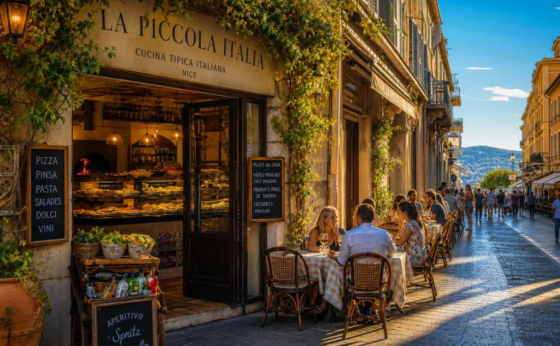 Charming Italian restaurant entrance on a sunlit Mediterranean street in Nice, with a warm outdoor terrace and glimpses of It