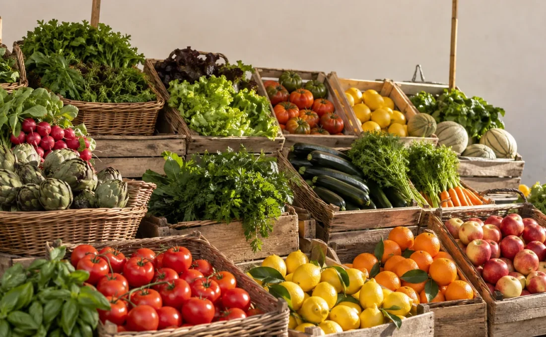 Étal de fruits et légumes frais en cagettes de bois et paniers d'osier sous une toile d'auvent.